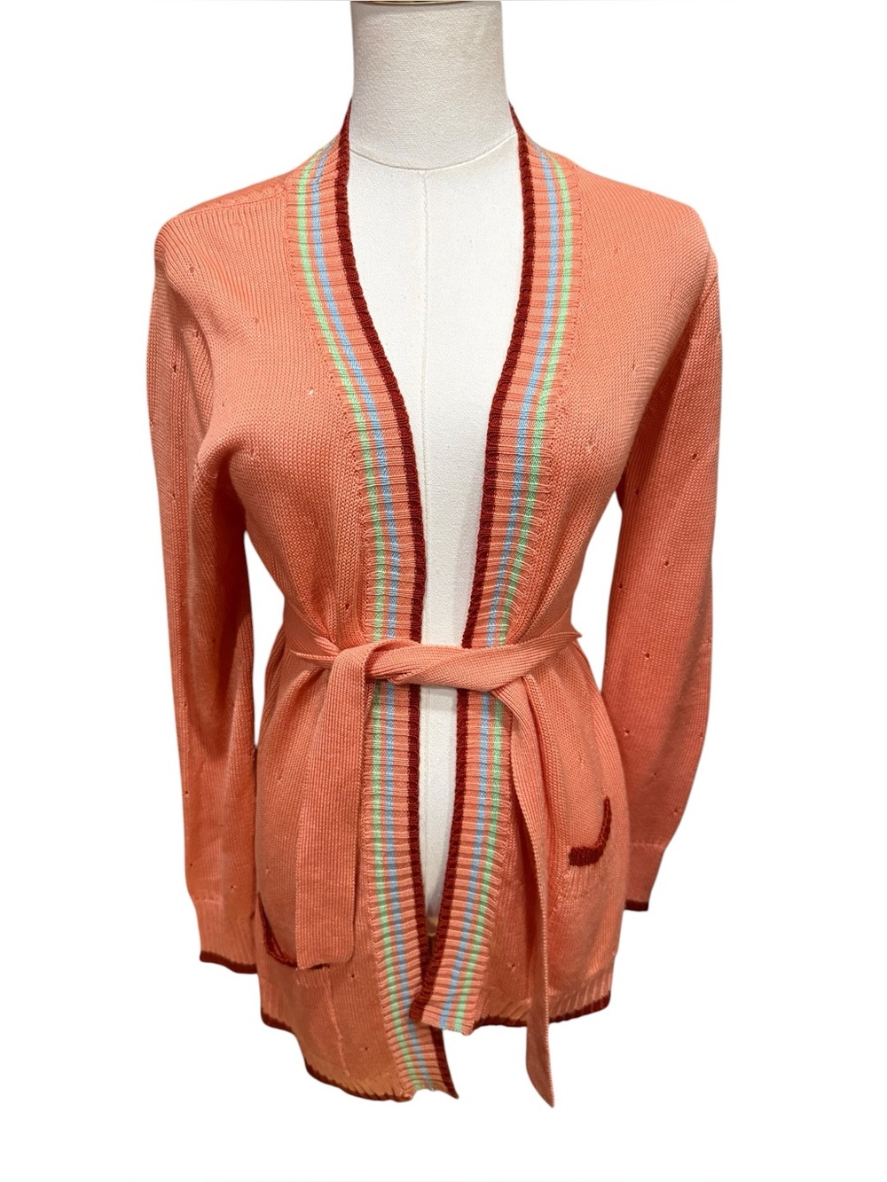 Vintage 60s-70s ClairePope Coral Belted Cardigan Sweater Mod Preppy USA Made